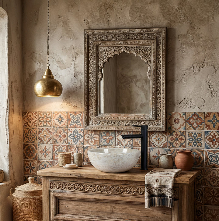 Ronde natuursteenWastafel als opzetstuk op een houten wastafel met zwart beslag voor patroontegels in een oosterse badkamersfeer