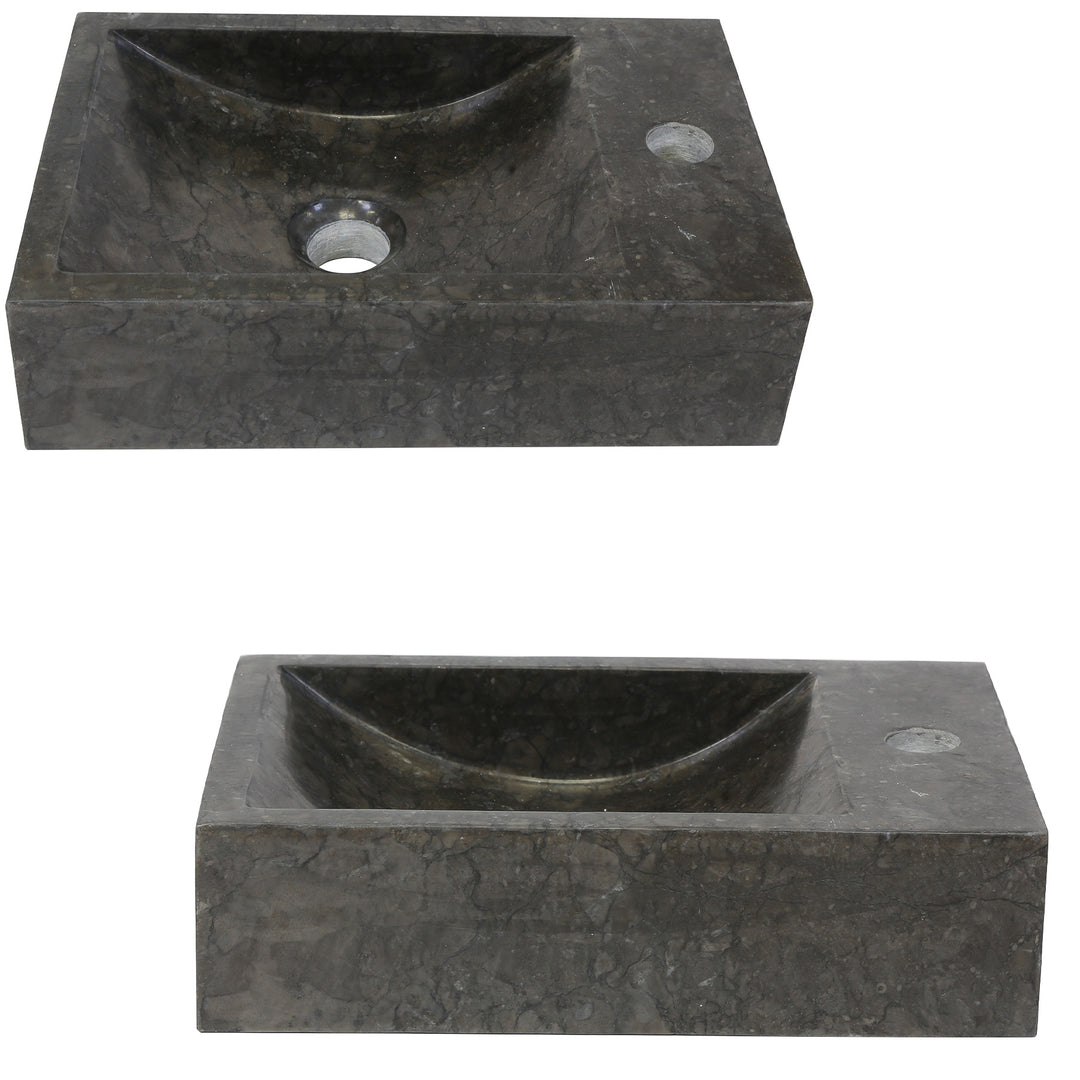 Hoekige natuursteen Wastafel met donkere nerf in geïsoleerde weergave, weergegeven in bovenaanzicht en vooraanzicht met geïntegreerd kraangat en centrale afvoer