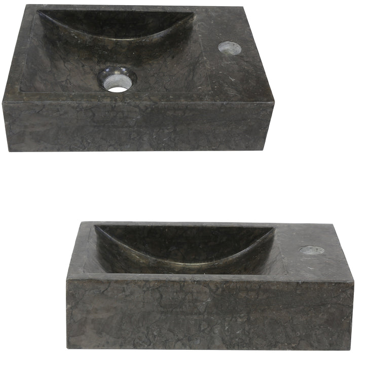 Hoekige natuursteen Wastafel met donkere nerf in geïsoleerde weergave, weergegeven in bovenaanzicht en vooraanzicht met geïntegreerd kraangat en centrale afvoer
