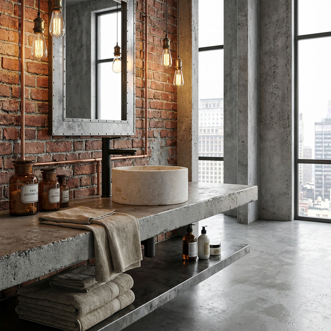 Ronde natuurstenen wastafel in lichtbeige op een betonnen console, geënsceneerd in een stedelijke loftbadkamer met bakstenen muur.