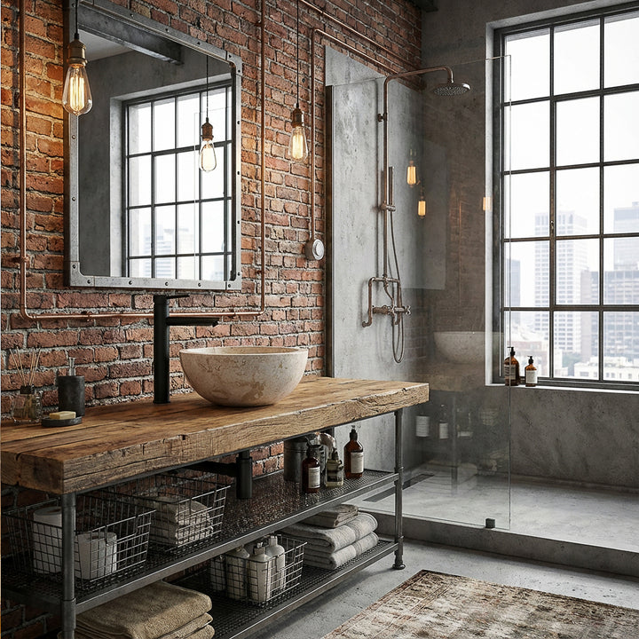 Ronde natuurstenen aanrechtwastafel op rustieke houten wastafel met zwart beslag in industriële loftbadkamer