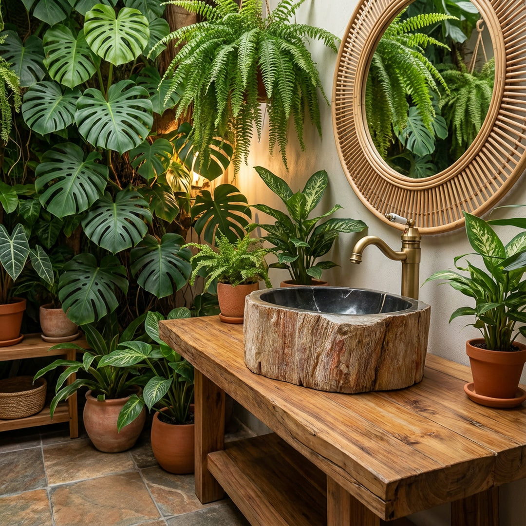 Natuurstenen wastafel van versteend hout als opzetwastafel, ronde stenen wastafel op houten console in een groene badkamersfeer.