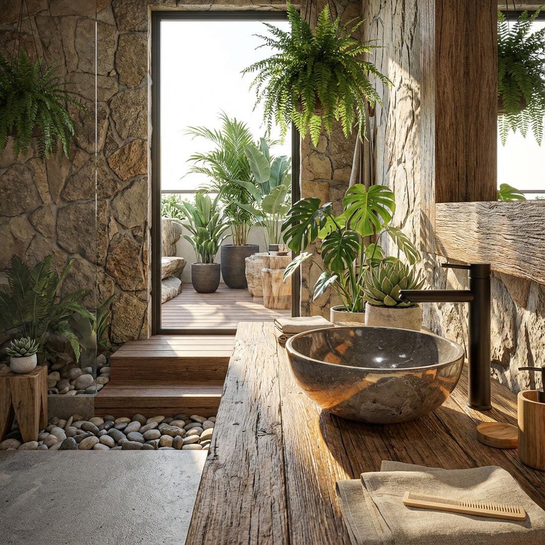 Rond Wastafel gemaakt van natuursteen op een massief houten tafel in de open spa-badkamer met planten, stenen muur en natuurlijk licht