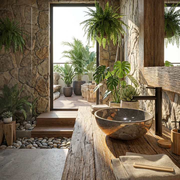 Rond Wastafel gemaakt van natuursteen op een massief houten tafel in de open spa-badkamer met planten, stenen muur en natuurlijk licht