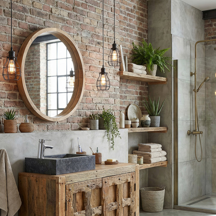 Vierkante natuurstenen wastafel op rustieke houten wastafel in industriële badkamer, gecombineerd met chromen kraan, bakstenen muur, open planken en warm licht