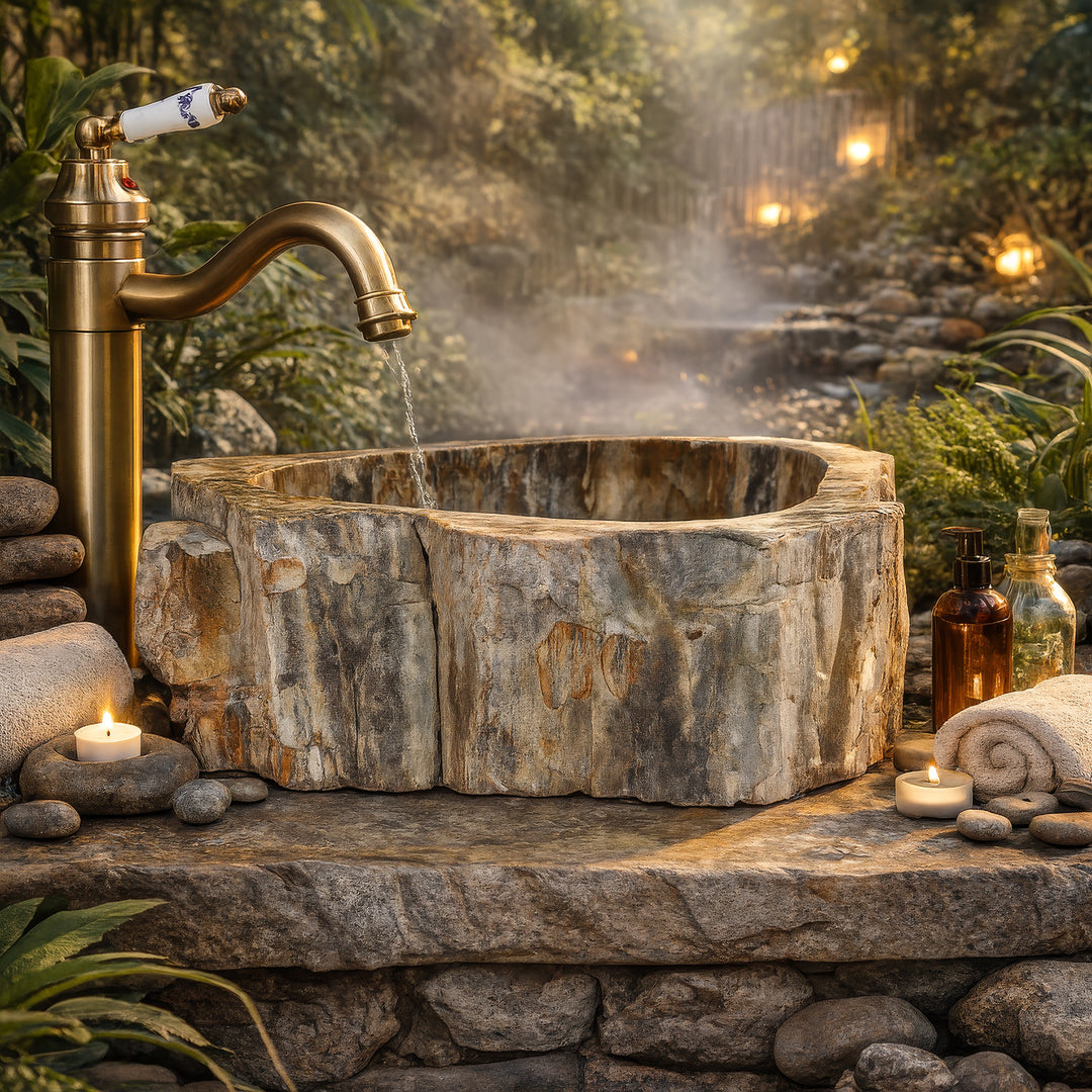 Wastafel Gemaakt van natuursteen met een fossiele houtstructuur, buiten geënsceneerd op een stenen plaat met messing fitting, kaarsen en een waterloop.