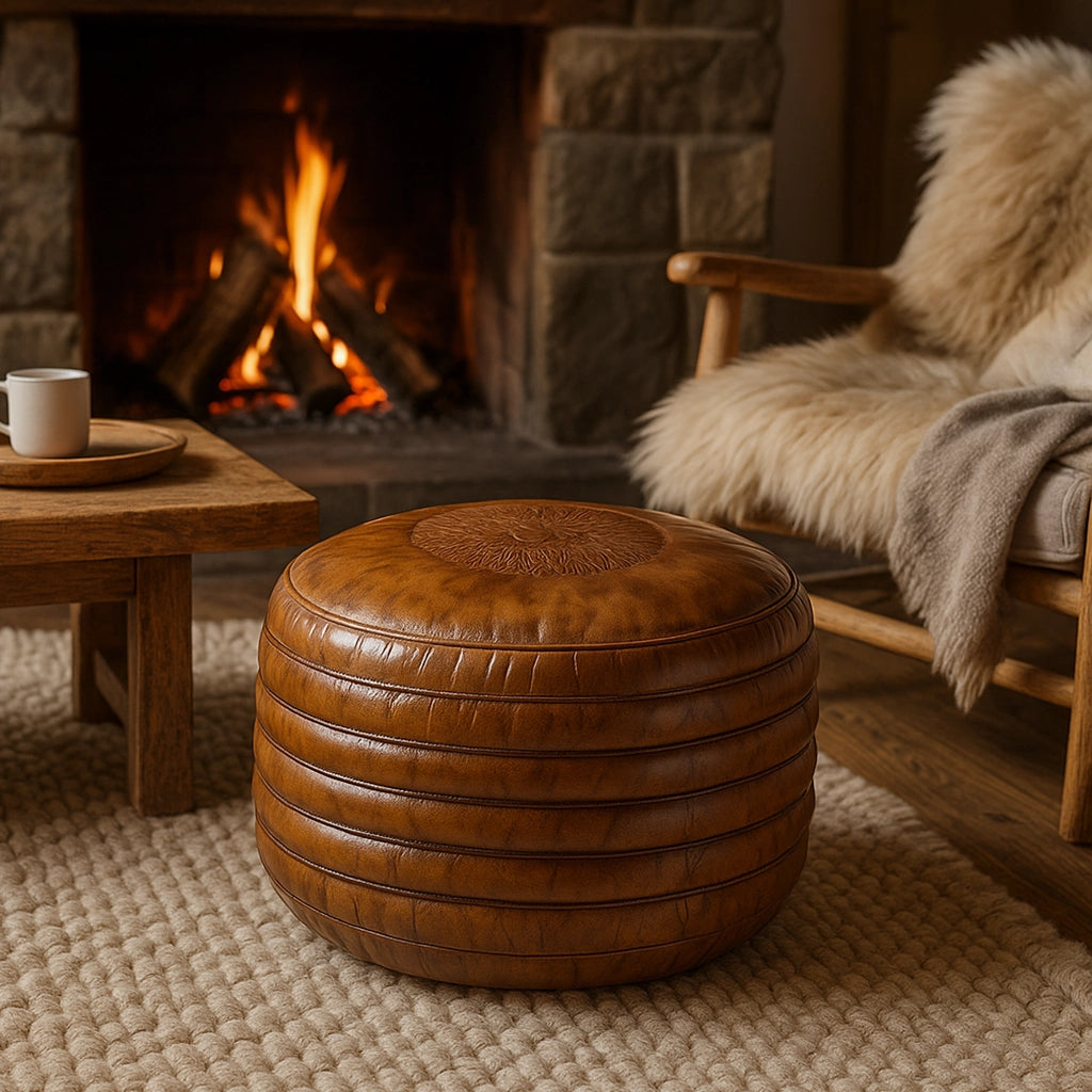 Runder Lederpouf in einer gemütlichen Wohnszene vor dem Kamin, kombiniert mit Holzmöbeln und weichen Texturen