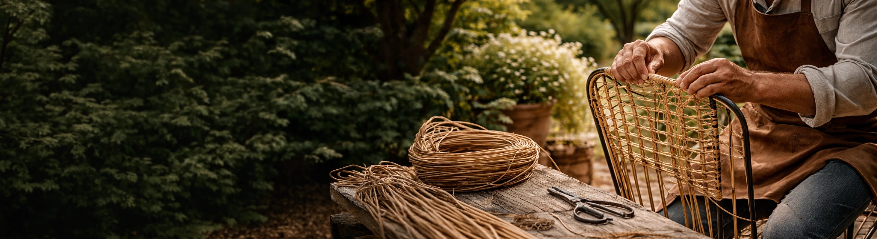 Rattan-Stühle – Rattan-Stuhl mit Eisenrahmen wird von Hand geflochten – handgefertigte Gartenstühle aus Naturmaterial für Terrasse und Balkon