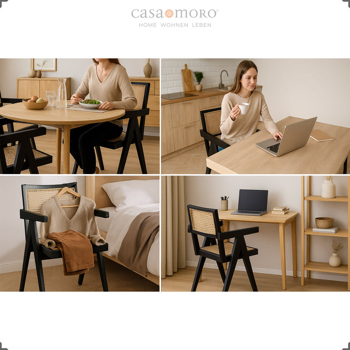 Schwarzer Armlehnstuhl mit Wiener Geflecht aus Teakholz und Rattan, vielseitig nutzbar im Esszimmer, Schlafzimmer oder Homeoffice