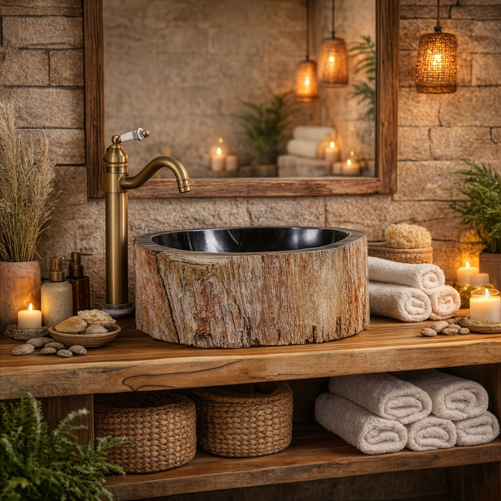 Aanrechtblad van fossiel hout met donker interieur, ronde stenen gootsteen op houten console in rustieke spa-badkamer met kaarsen.