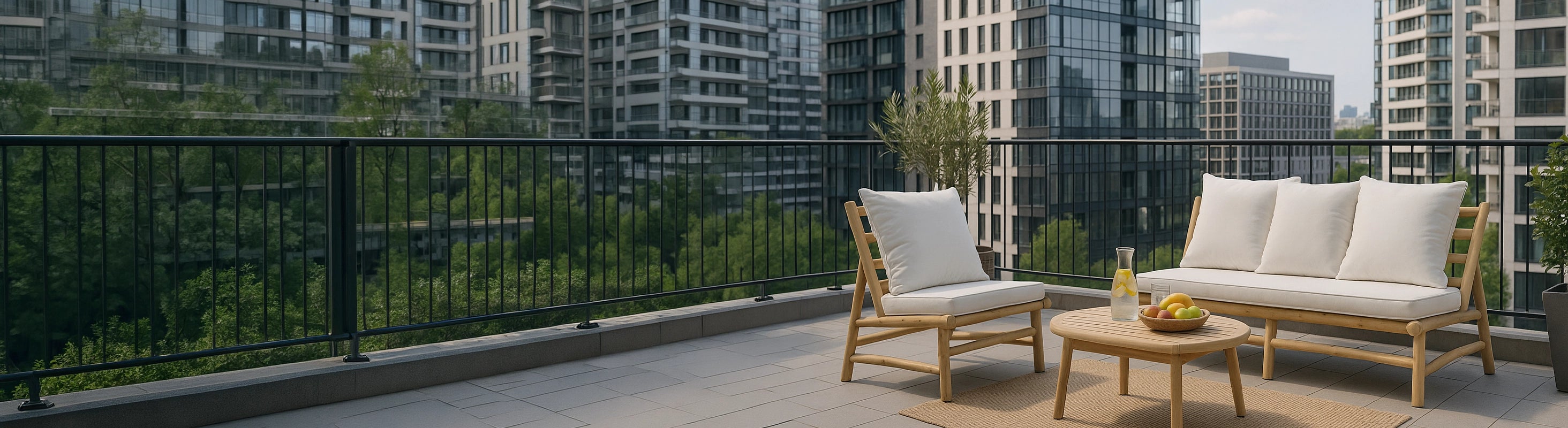 Fauteuils & banken – Teakhouten fauteuil en bank met bekleding op een modern balkon met uitzicht op de stad – comfortabel loungemeubilair voor buitengebruik