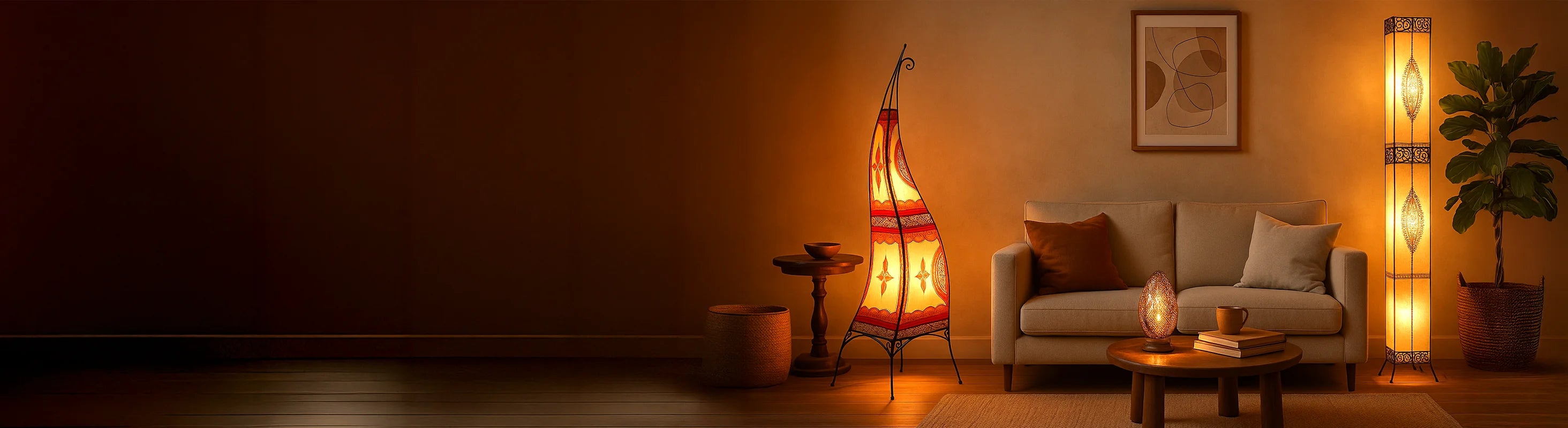 Staande lampen – Wohnzimmer mit handgefertigten Stehlampen aus Leder und Metall – stimmungsvolle Beleuchtung neben Sofa und Couchtisch