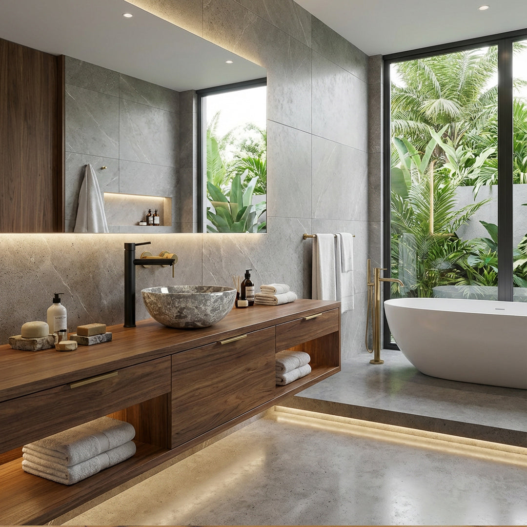 Ronde marmeren opzetwastafel met grijsbruine nerf op een houten wastafel in een lichte wellnessbadkamer, gecombineerd met een zwarte fitting, een vrijstaand ligbad en uitzicht op het groen