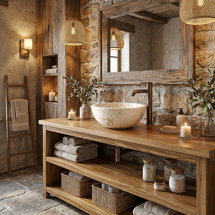 Ronde opzetwastafel van lichte steen op een massief houten console met messing beslag in een warme spa-badkamersfeer