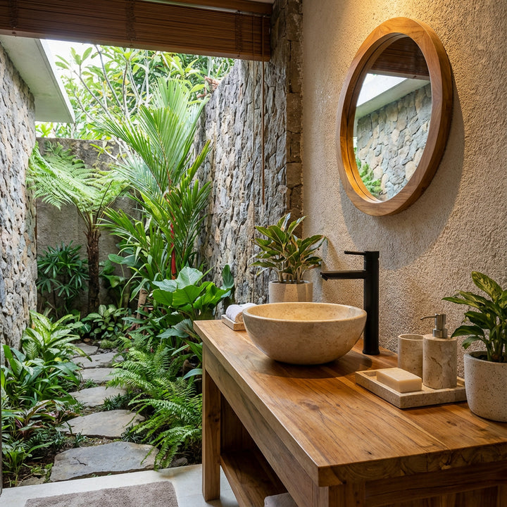 Rond Wastafel van lichte steen op een houten wastafel met zwarte fitting in de open badkamer met zicht op de tuin