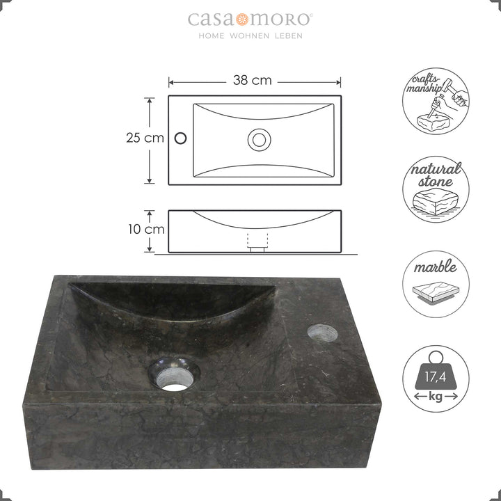 Vierkante opzetwastafel van marmer met donkere nerf, afgebeeld met afmetingen voor breedte, diepte en hoogte en symbolen voor handwerk, natuursteen, marmer en gewicht