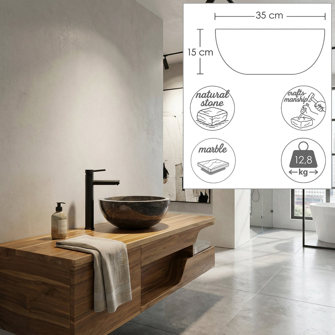 Rundes Aufsatzbecken aus Naturstein auf Holzwaschtisch, ergänzt durch Maßgrafik mit Durchmesser und Höhe