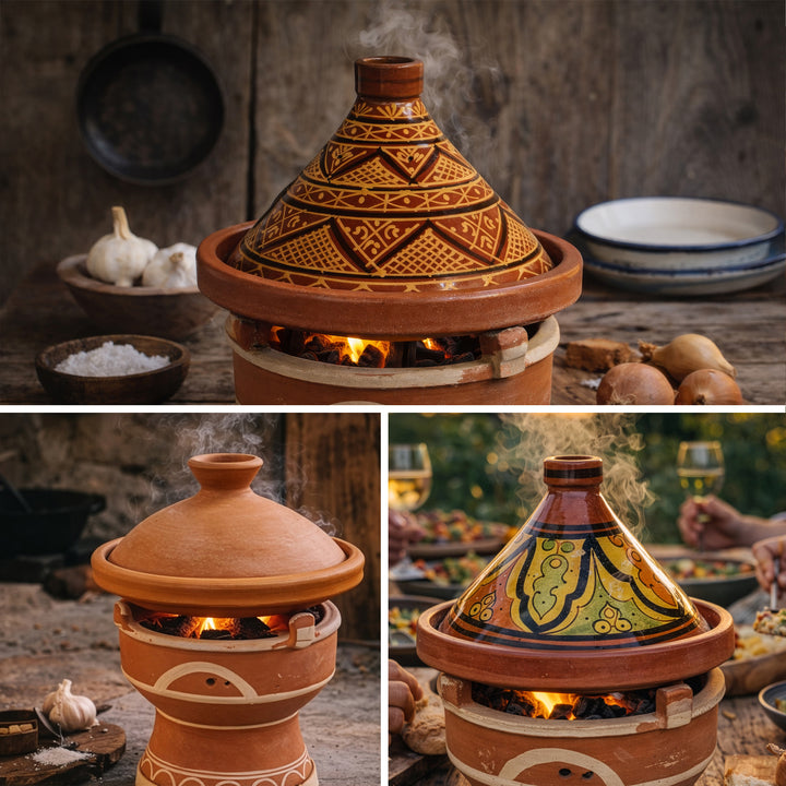 Tajine op mejmar kleiverwarmer voor houtskool, Marokkaanse tafelgrill met Tagine Varianten in Marokkaanse stijl