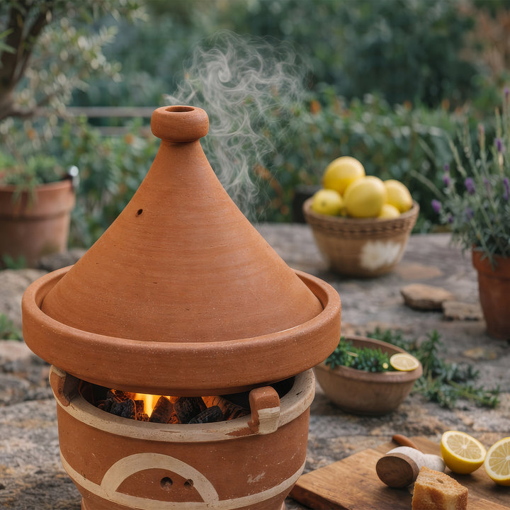 Mejmar kleiwarmer voor houtskool, Marokkaans Tajine Tafelgrill met open kolen in de buitenruimte