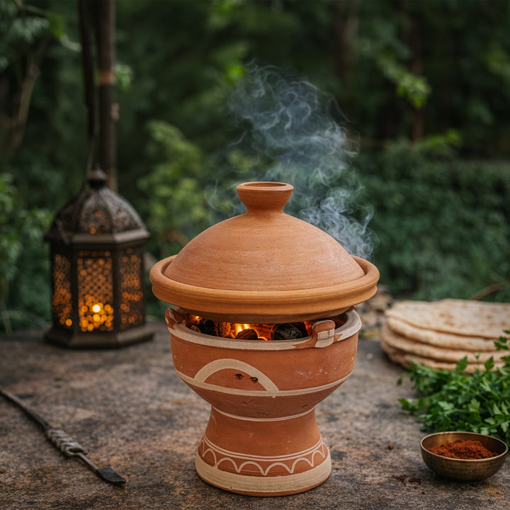 Mejmar kleiwarmer voor houtskool, Marokkaans Tajine Tafelgrill met open sintels in de tuin