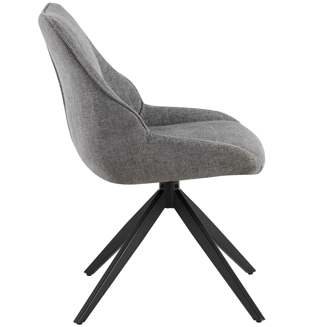Seitenansicht eines 360° drehbaren Esszimmerstuhls in Grau mit gepolsterter Sitzfläche und Rückenlehne auf schwarzem Metallgestell in Stativform