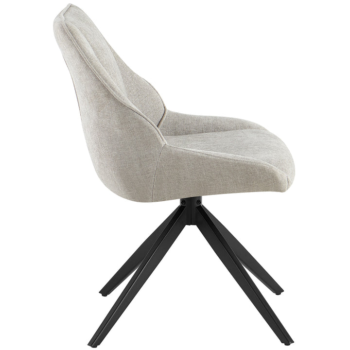 Seitenansicht des 360° drehbaren Esszimmerstuhls in Hellgrau mit Rückenlehne und schwarzem Metallgestell – gepolsterter Stuhl mit ergonomischer Form und Auto-Return-Funktion