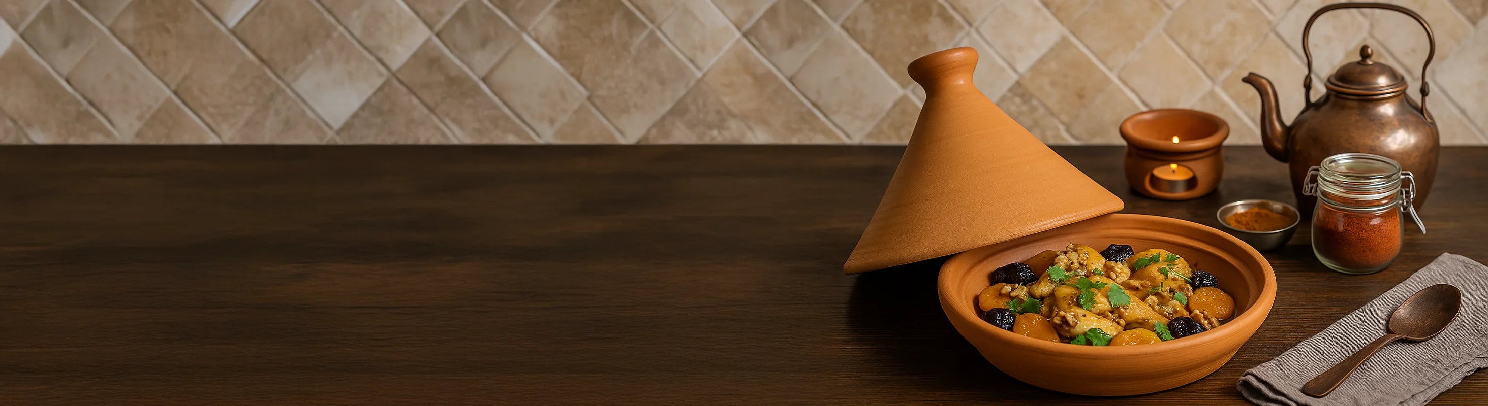 Marokkaans Tajine – Tagine gevuld met gestoofd vlees, abrikozen en gedroogd fruit, gedecoreerd met verse koriander