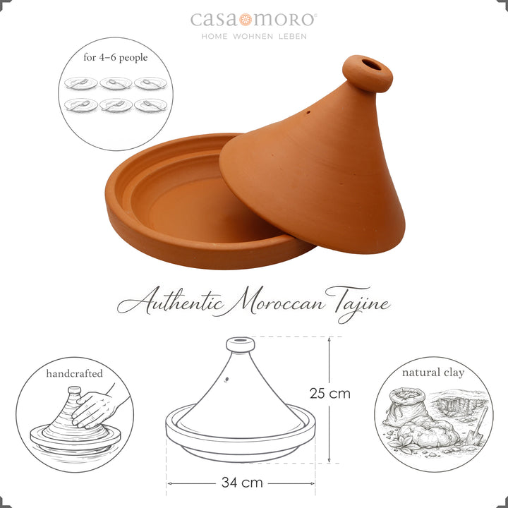 Tajine uit Marokko 34 cm voor 4-6 personen, handgemaakt en natuurlijk