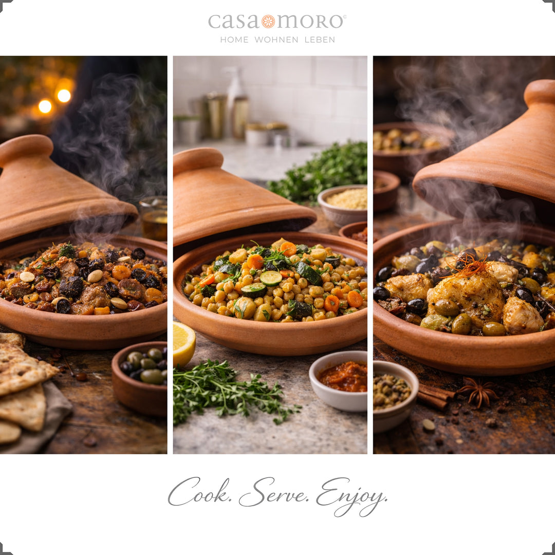 Marokkaans Tagine als ongeglazuurde kleischotel, ideaal voor lams-, kip- of vegetarische recepten