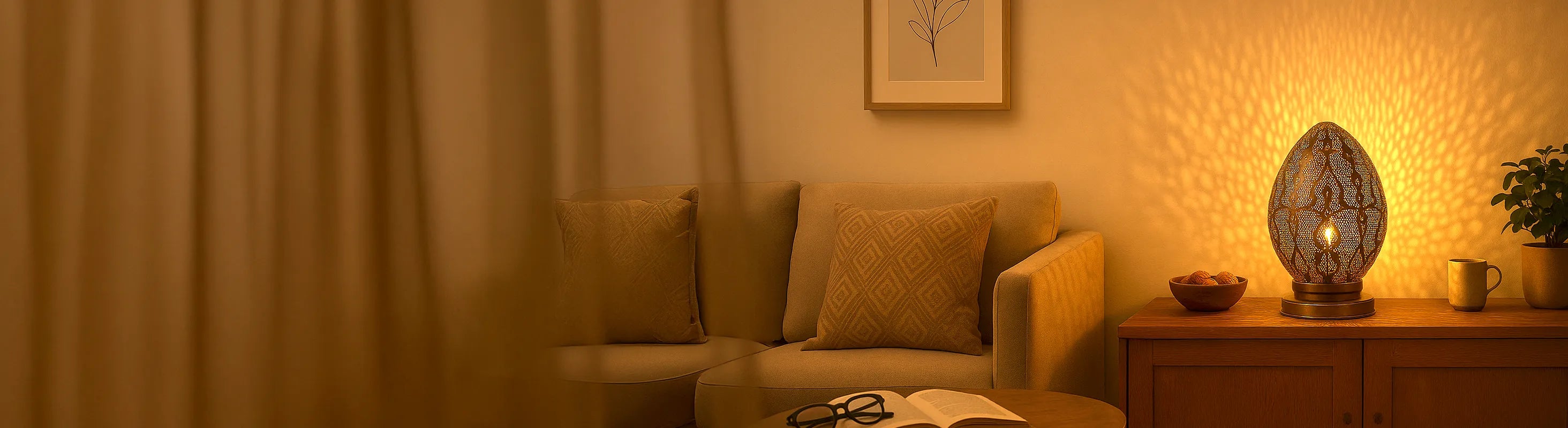 Tafellampen – Wohnzimmer mit handgefertigter Tischlampe aus Metall – stimmungsvolle Beleuchtung auf Sideboard neben Sofa