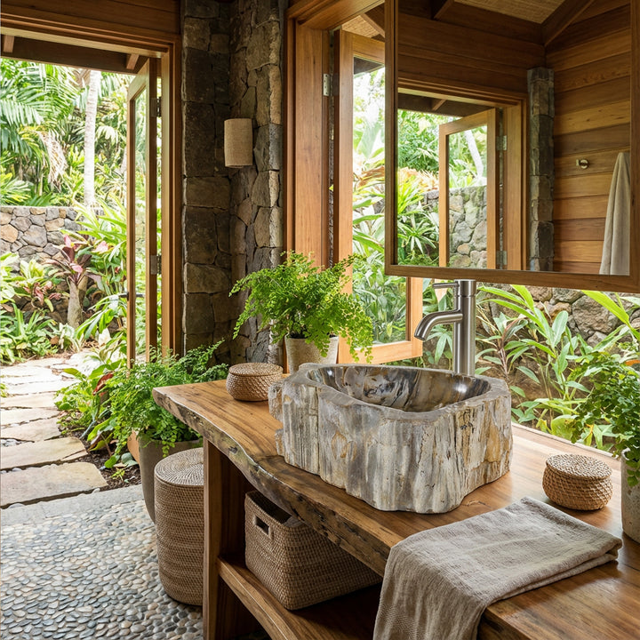 Stenen wastafelblad van fossiel hout op een massief houten console, open badkamer met uitzicht op de tuin en natuurlijke verlichting.