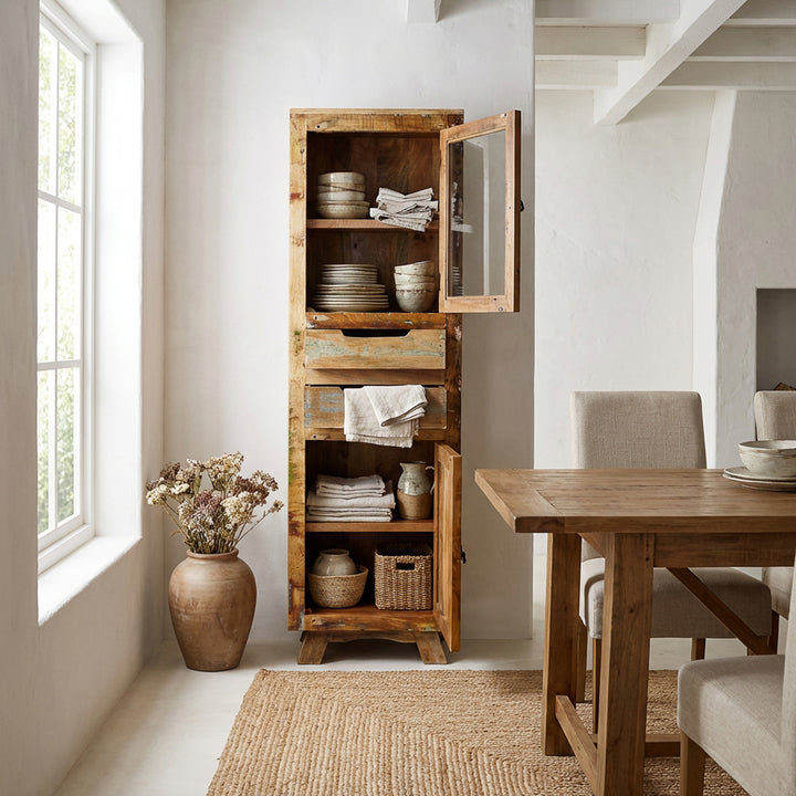 Vitrinekast van massief hout en oud hout met lade en deuren in landelijke stijl, geplaatst in de eetkamer