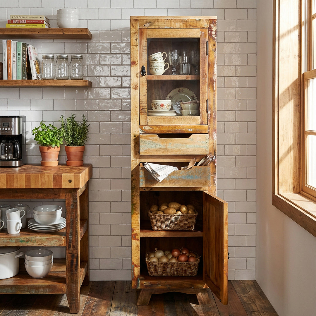 Vitrinekast van massief hout en oud hout met lade en deuren in vintage landhuisstijl, geplaatst in de keuken