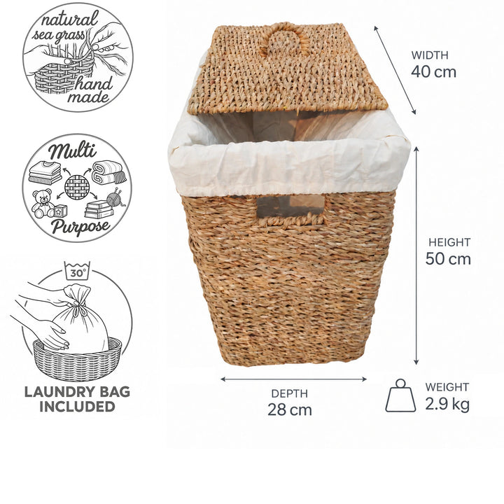 Wasmand van zeegras met een inhoud van 50 liter: 40 cm breed, 28 cm diep, 50 cm hoog, 2,9 kg; inclusief deksel en waszak.