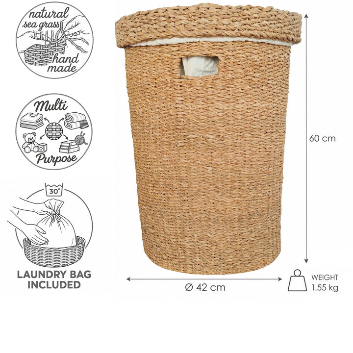 Wasmand van zeegras met deksel, inhoud 75 liter, diameter 42 cm, hoogte 60 cm en met uitneembare waszak.