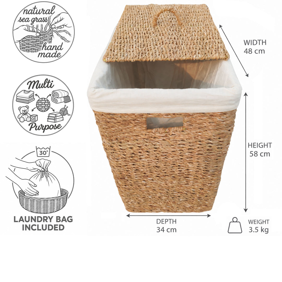 Wasmand van zeegras met een inhoud van 90 liter: 48 cm breed, 34 cm diep, 58 cm hoog, 3,5 kg; inclusief deksel en waszak.
