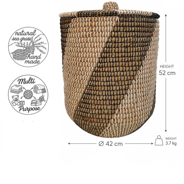 Wäschekorb aus Seegras in Natur/Schwarz/Weiß: Ø 42 cm, 52 cm Höhe, ca. 65 Liter Volumen und 3,7 kg Gewicht.