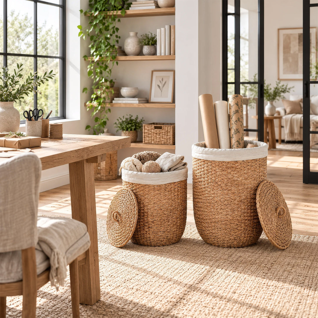 Zwei Seegraskörbe mit Wolle, Stoffen und Geschenkpapierrollen im Bastelzimmer, die Deckel seitlich angelehnt.
