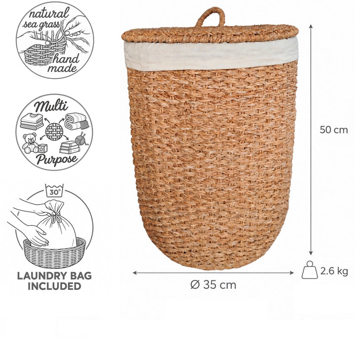 Afmetingen van de wasmand met deksel van zeegras: Ø 35 cm, hoogte 50 cm, 2,6 kg; de waszak is wasbaar op 30 °C.