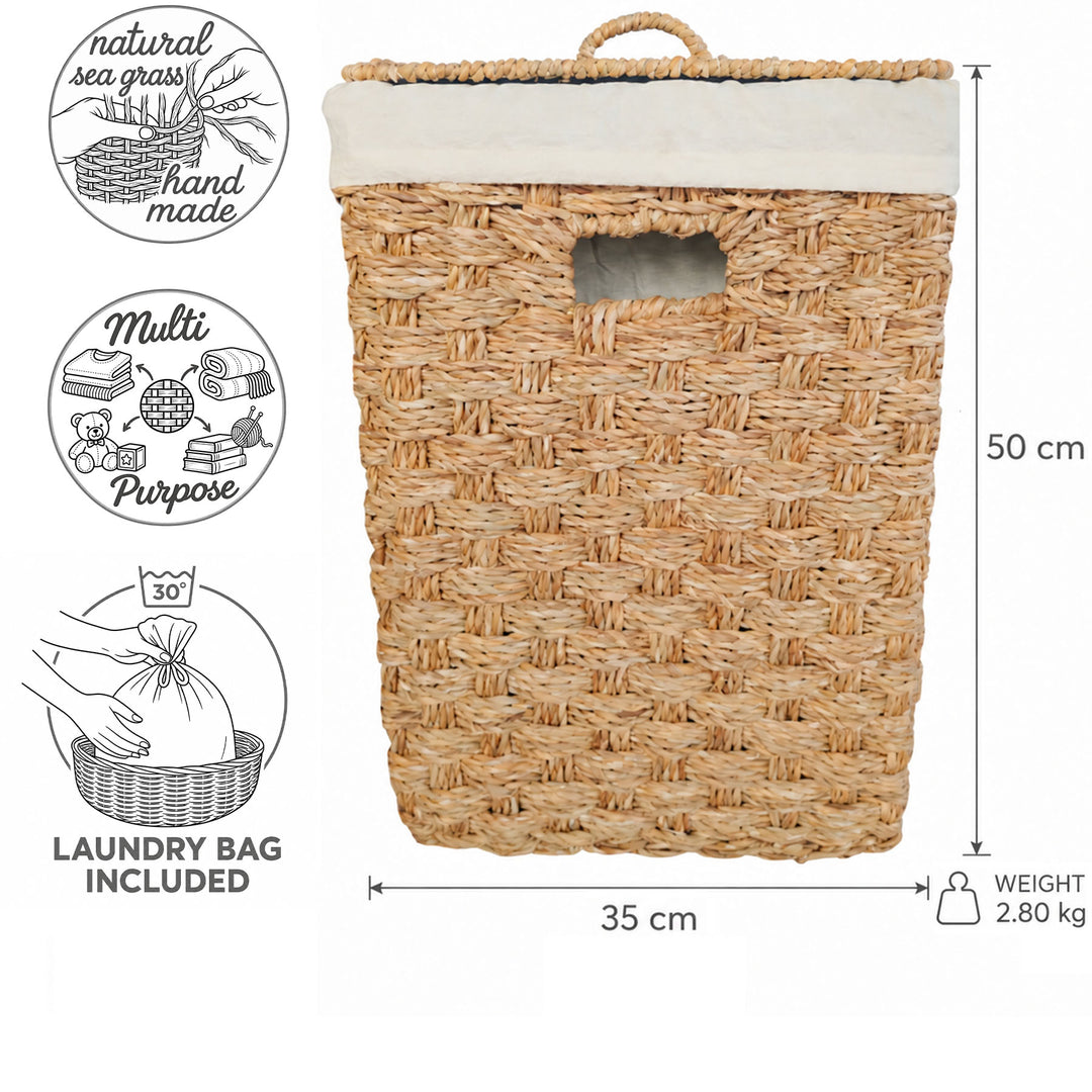 Afmetingen van de vierkante wasmand van zeegras met deksel: 35 × 35 cm, hoogte 50 cm, ca. 55 liter, gewicht 2,8 kg.