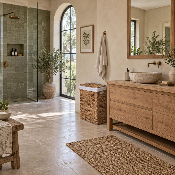 Een smalle wasmand met deksel en een inhoud van 45 liter naast een houten wastafel in een badkamer in mediterrane stijl.