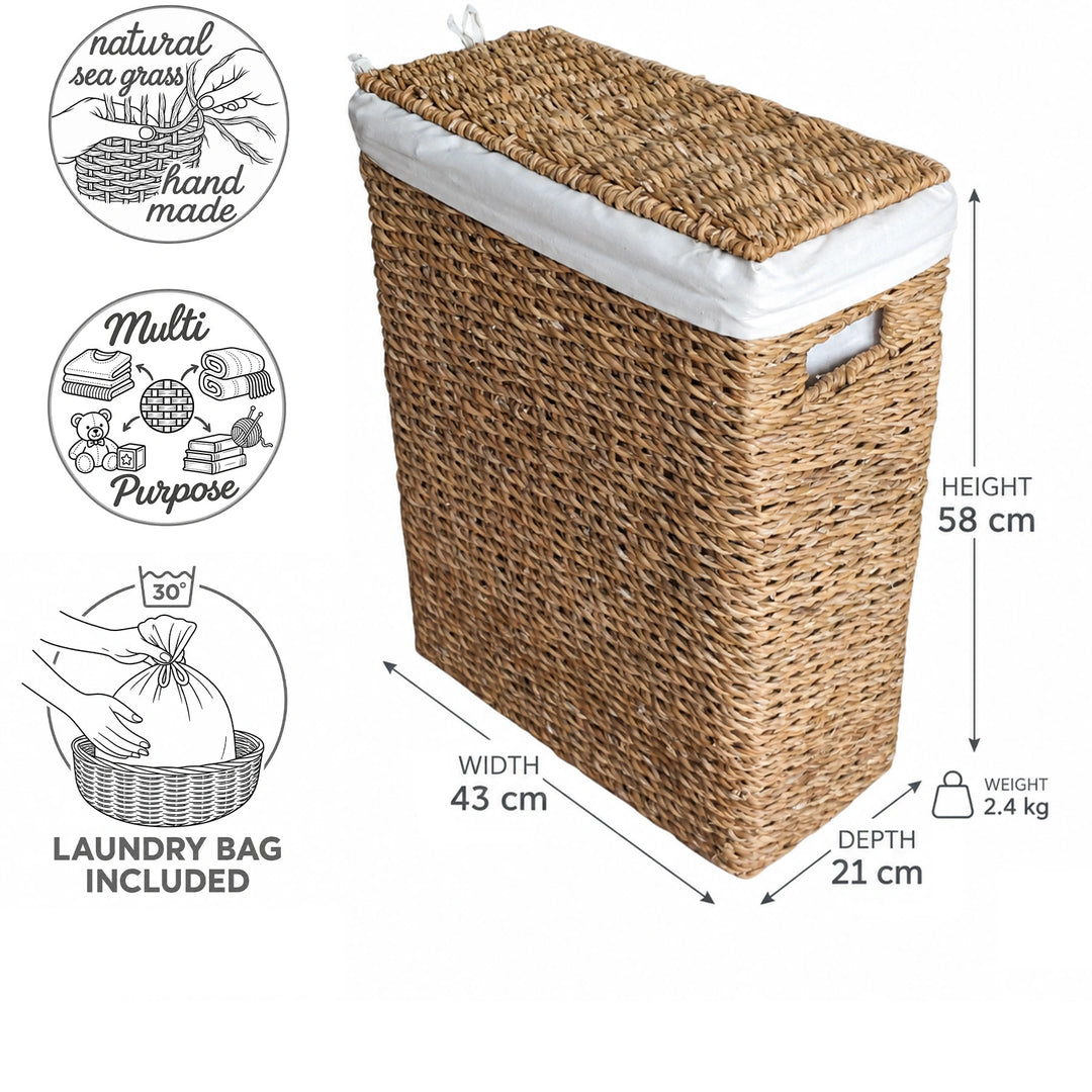 Smalle wasmand van zeegras met een inhoud van 45 liter: 43×21×58 cm (B×D×H), 2,4 kg, met deksel en waszak.