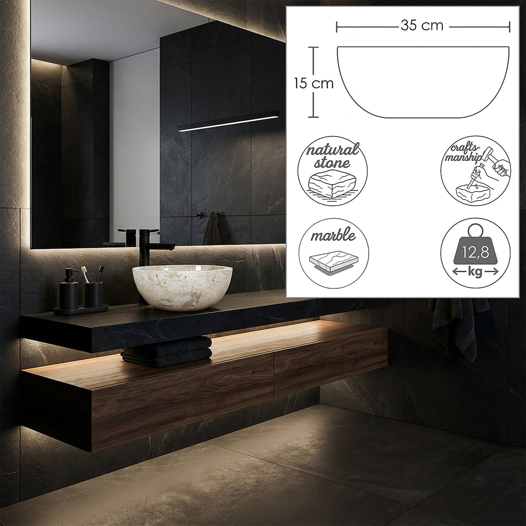 Ronde opzetwastafel van licht marmer op een donkere wastafel, aangevuld met dimensionale afbeeldingen met diameter, hoogte en gewicht