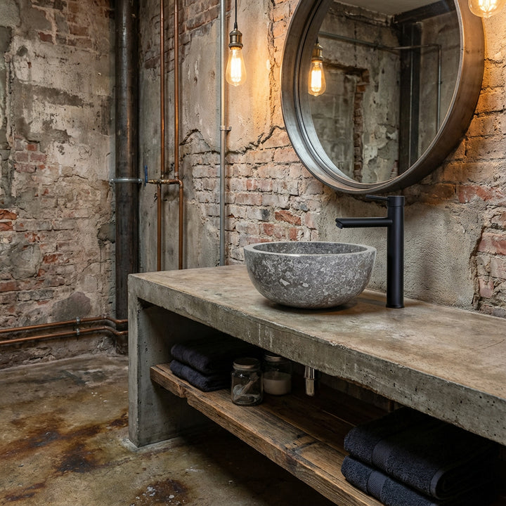 Rond marmer Wastafel als opzetwastafel op een betonnen console, stenen wastafel in de industriële badkamer met beslag