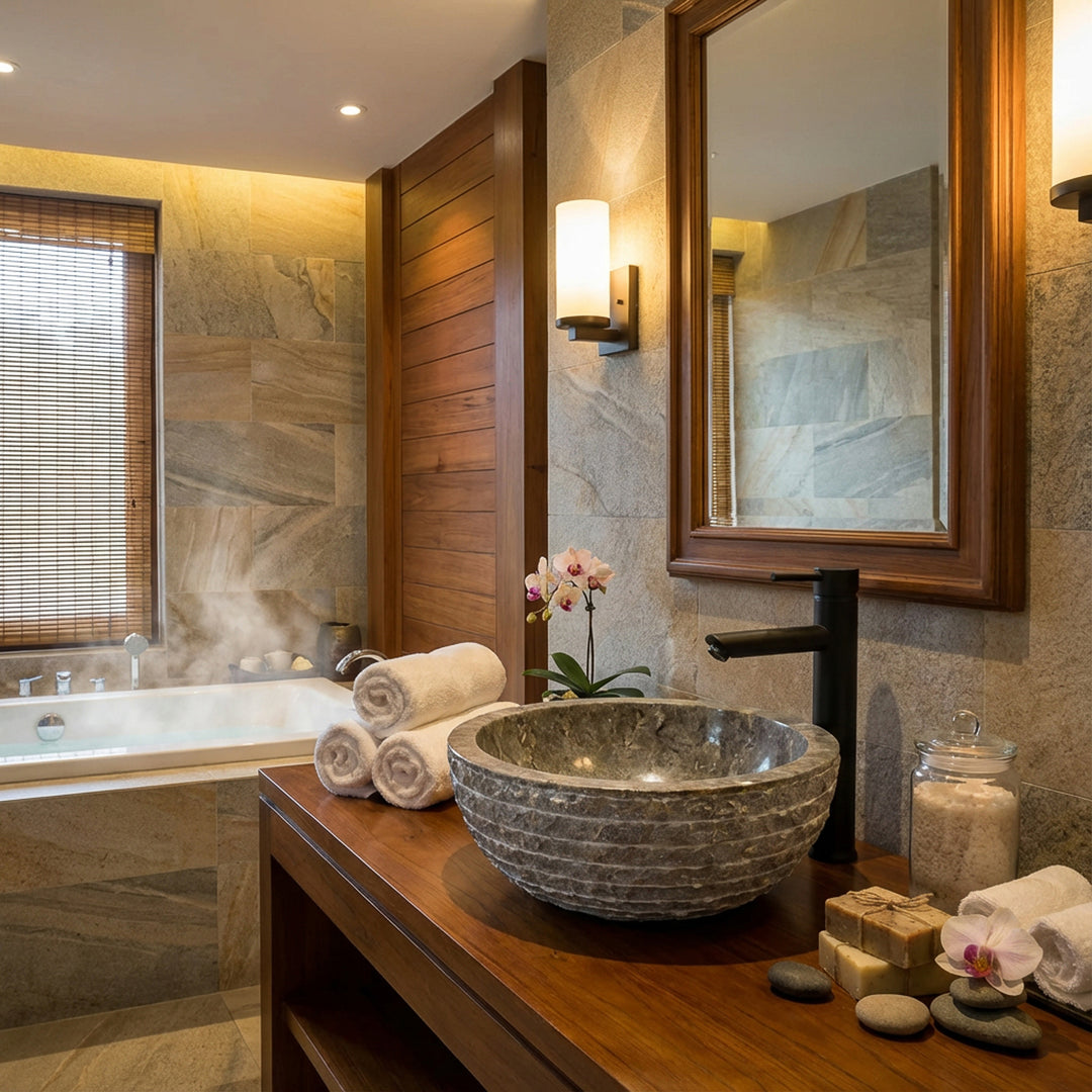 Rond Wastafel gemaakt van marmer op een houten console, elegante badkamer met ligbad, natuurstenen tegels en warm licht