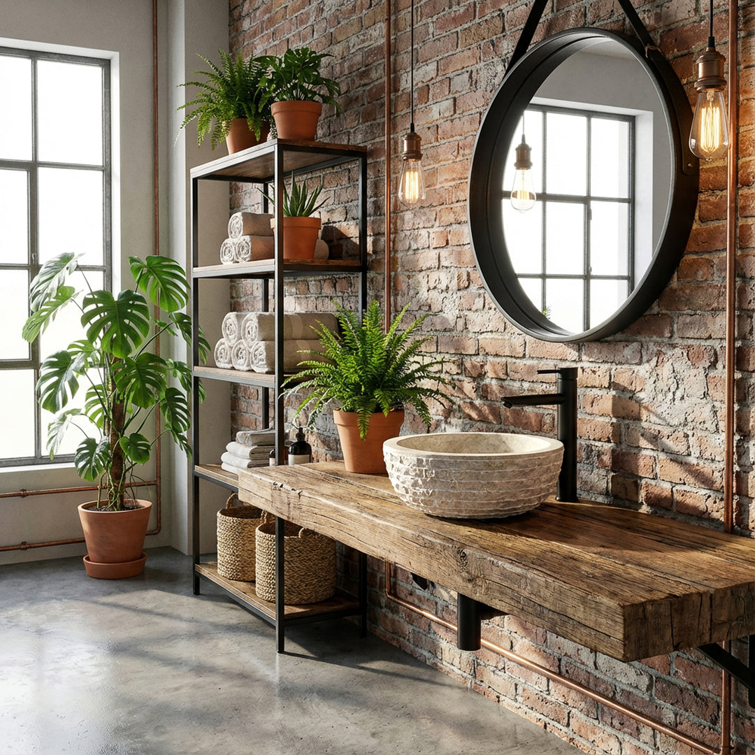 Ronde marmerlook aanrechtwastafel van lichte steen op een houten console met zwart beslag in de industriële loftbadkamer