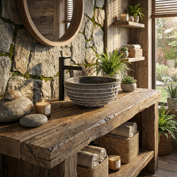 Ronde marmeren aanrechtgootsteen op rustieke houten tafel in natuurlijke badkamer met stenen muur en planten