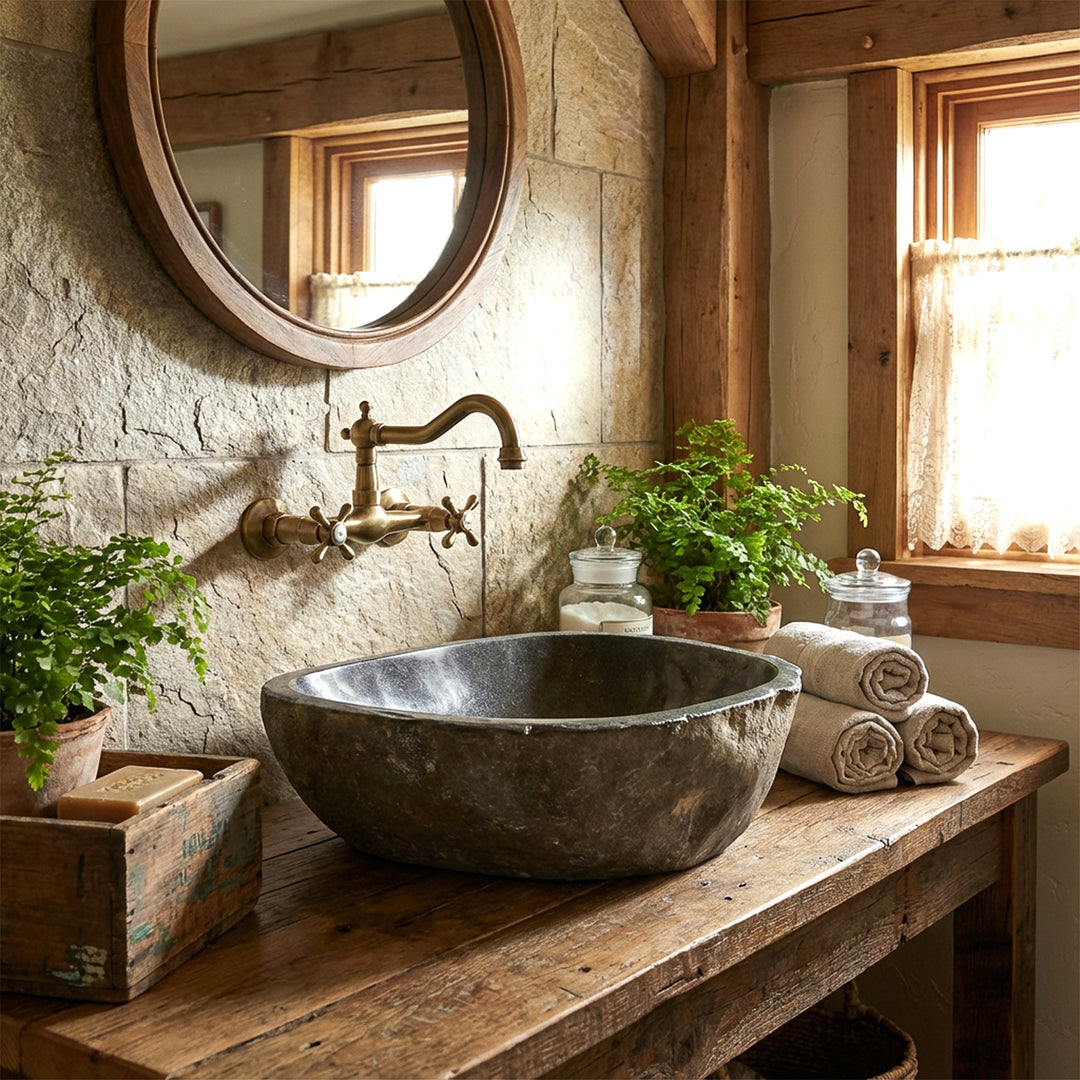 rivier steenWastafel in de rustieke landelijke badkamer op een houten console, gecombineerd met een messing wandarmatuur en natuurlijk licht