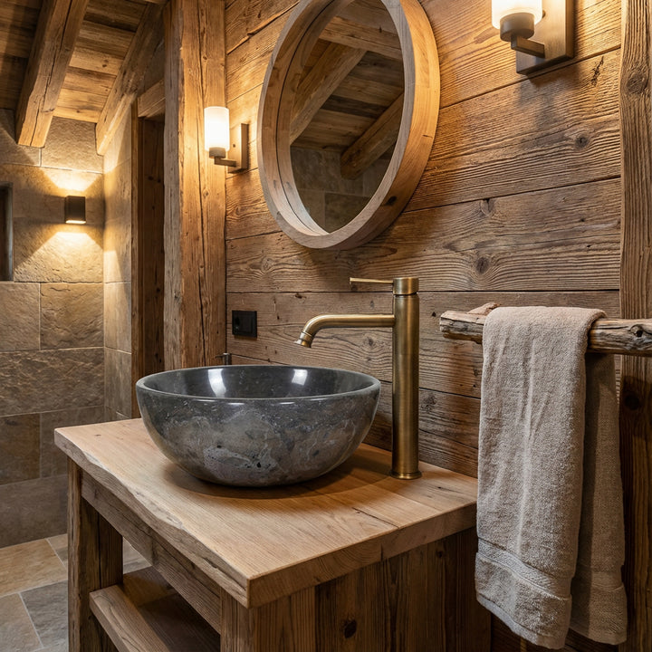 Ronde marmeren wastafel op aanrecht op rustieke houten wastafel in chaletbadkamer met messing beslag