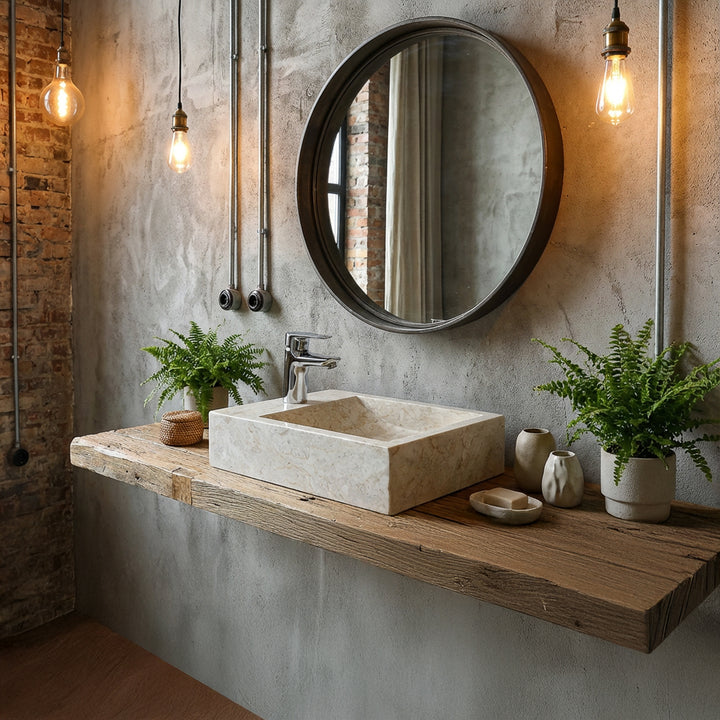 Rechthoekige opzetwastafel van licht marmer op een zwevende houten console met verchroomd beslag in de industriële badkamer